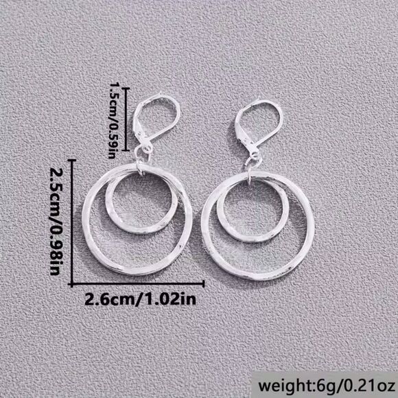 Double Circle Pendant Dangle Silver Earrings Cut Out Ring Drop Textured Jewelry - Picture 4 of 5